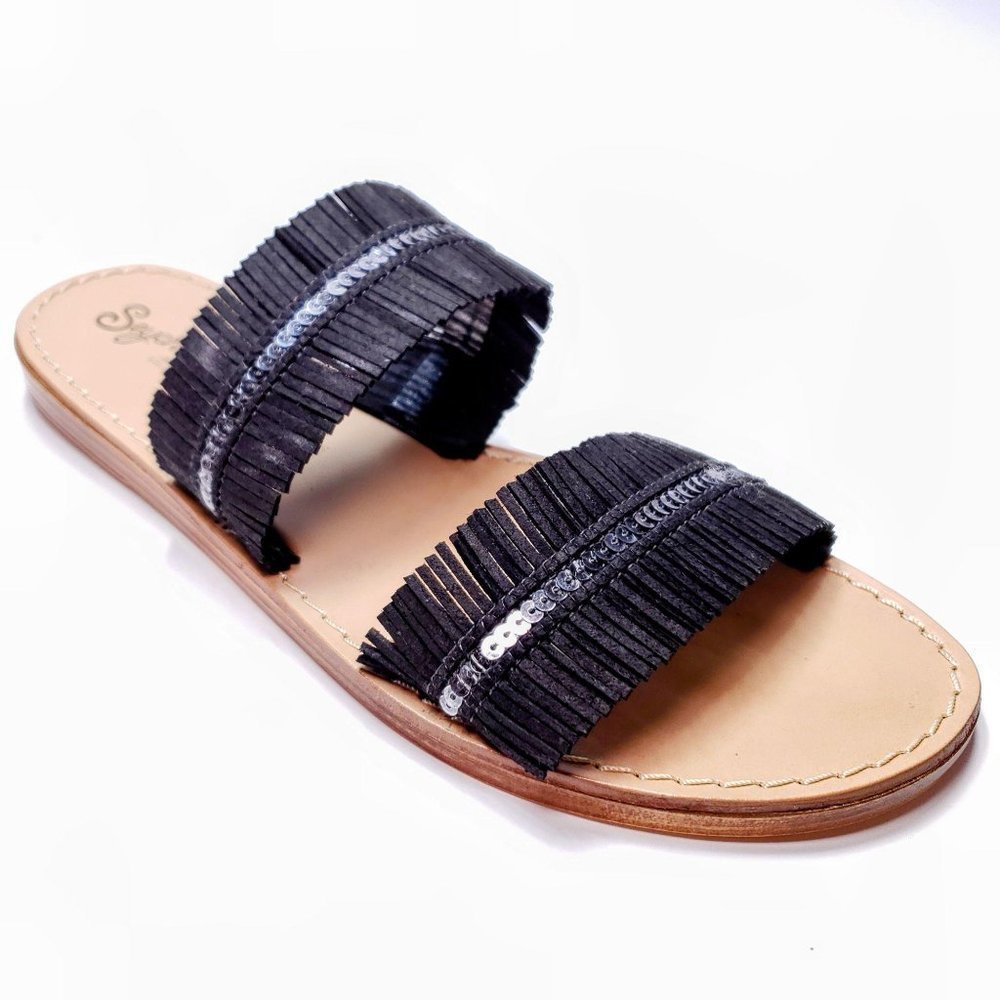 Anthropologie Seychelles Someone Comin Black Slide Sandals Boho Women's Size 6.5